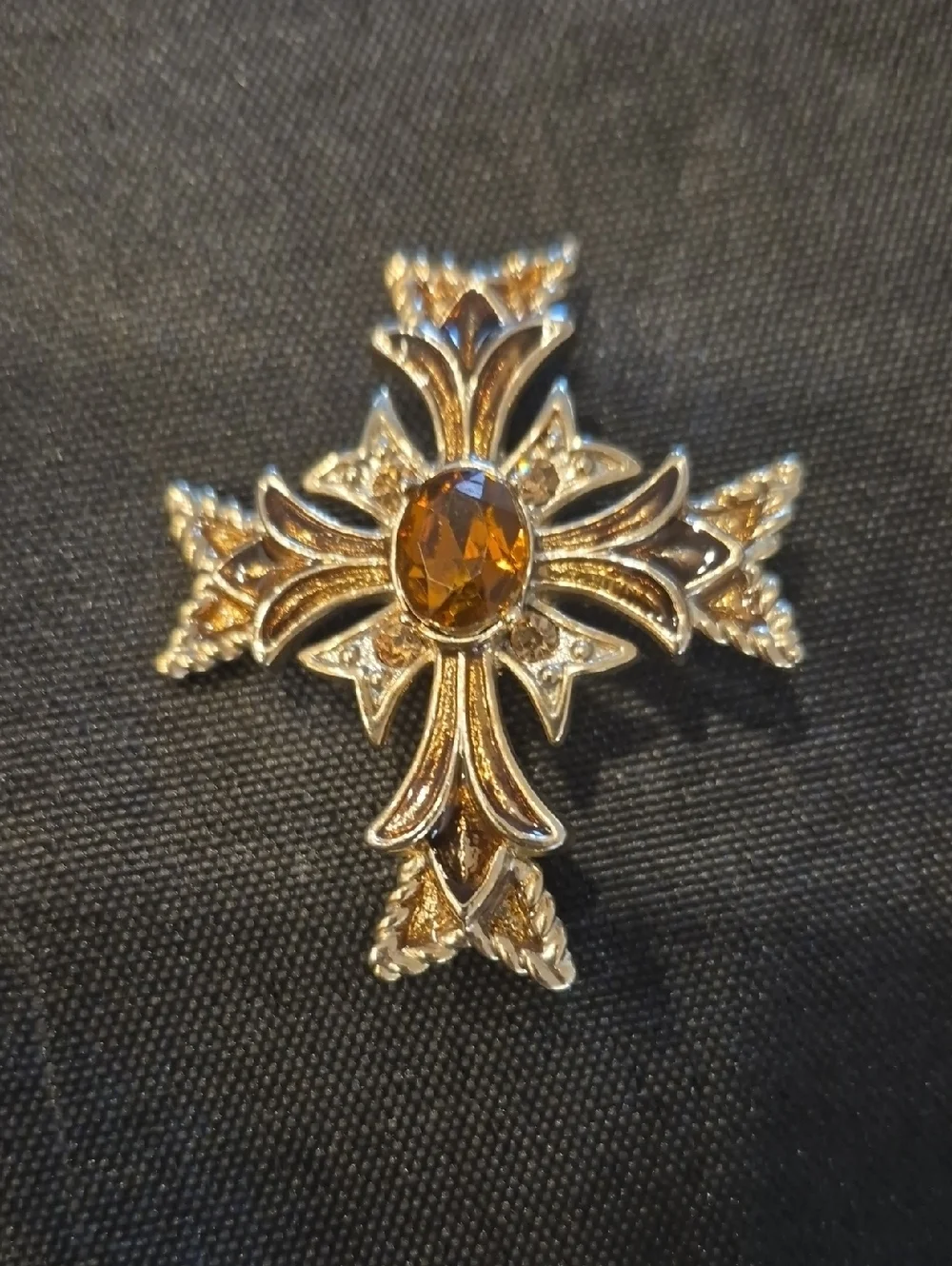 Vintage Monet Ornate Gold Maltese Cross Brooch with Amber Stone
